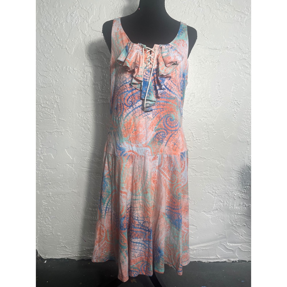 Lauren Ralph Lauren Dress L Cotton Paisley Ruffle Lace Up Boho Midi